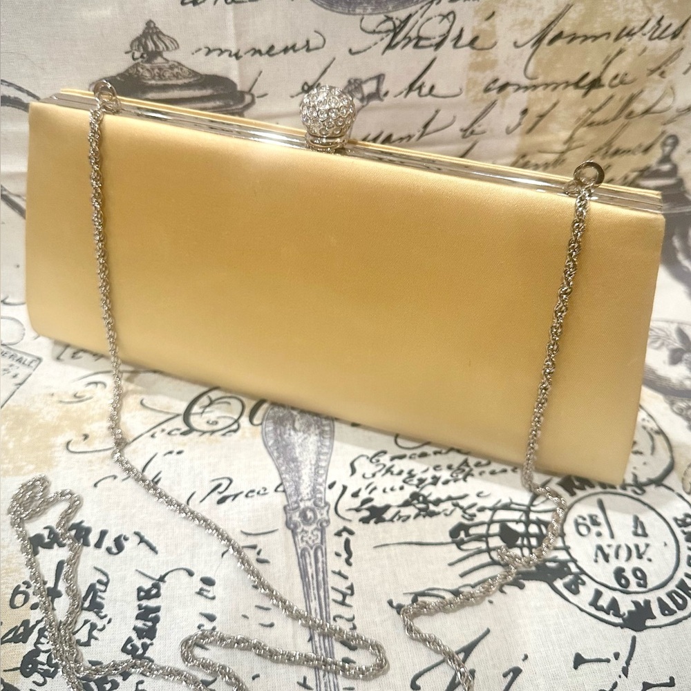 La Regale Vintage 1960’s Style Gold Satin Clutch with Rhinestone Clasp & Chain
